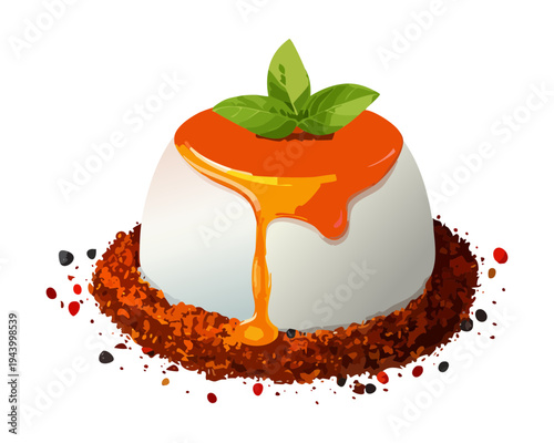 White dessert with caramel sauce and nut garnish for elegant sweet treat and gourmet pastry shop - Vector Illustration