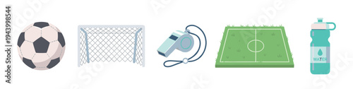 Collection of football game icons featuring a ball, goal net, referee whistle, green pitch, and a water bottle, presented in a clean and modern flat vector style