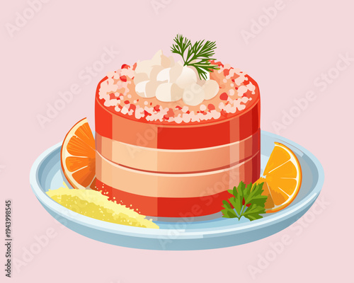 Elegant berry panna cotta with cream and citrus garnish for sophisticated dessert menu and wedding catering - Vector Illustration