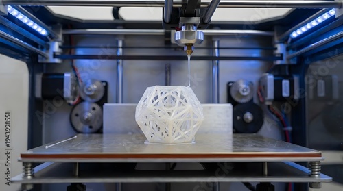 Close up of a modern fused deposition modeling three dimensional printer actively creating a complex geometric white object.