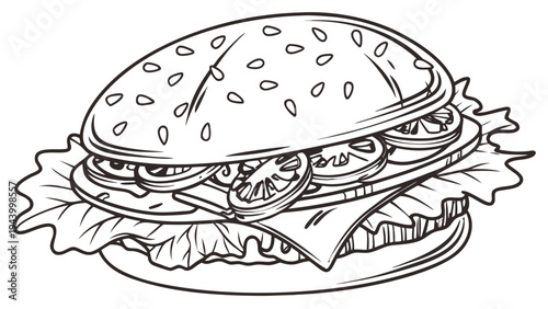 Deliciously drawn hamburger with fresh ingredients and sesame seed bun.
