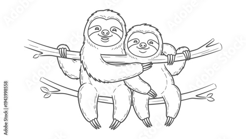 Cozy Sloths on Branch: Two adorable sloths perch together on a tree branch, sharing a tender moment of companionship and tranquility in their tropical habitat.