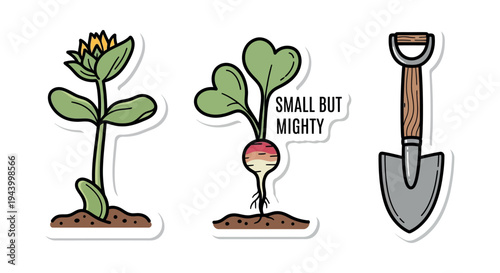 Hand-Drawn Gardening Sticker Set, Vector Sunflower Seedling, Small But Mighty Radish Character, and Garden Trowel Shovel Icons for Planting and Urban Farming Design