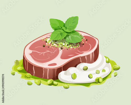 Roasted meat steak with herb garnish and white sauce for premium gourmet meal and high end restaurant - Vector Illustration
