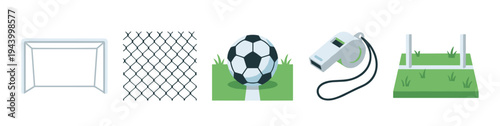 Set of football sport equipment icons featuring a goal, net, classic ball, referee whistle, and field corner in a simple flat vector illustration style