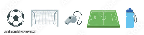 Collection of soccer equipment icons including a ball, goal, whistle, field, and water bottle, representing sports and athletic activity in a simple flat vector illustration style
