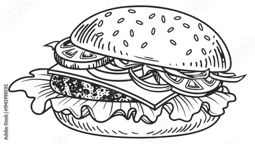 Detailed hand-drawn illustration of a delicious, stacked hamburger with fresh ingredients.