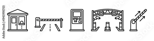 Five black line art icons for access control and security systems, featuring a toll booth, automatic barrier, payment terminal, and a checkpoint gantry with surveillance cameras