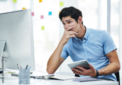 Fotografie Computer, investor and man with stress, tablet for investment error and confused