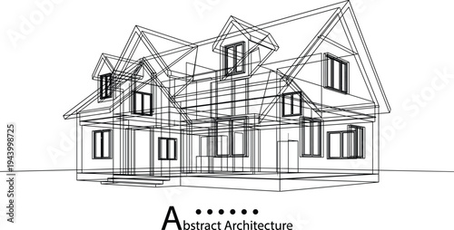 Detailed architectural wireframe of a two-story residential home with multiple gables, shown from an alternative perspective to reveal internal structural volumes.