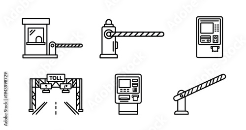 Toll road and parking barrier icon set featuring a tollbooth, payment terminal, gate, and highway plaza sign in a simple black and white line art vector illustration style