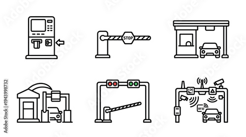 Set of six toll road and parking icons showing automated payment systems, barriers, and electronic collection gates in a clean black and white line art vector illustration style