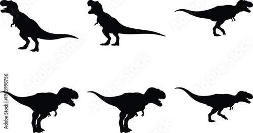 Group of six black silhouette illustrations depicting a Tyrannosaurus Rex dinosaur in various action poses on a plain white background.