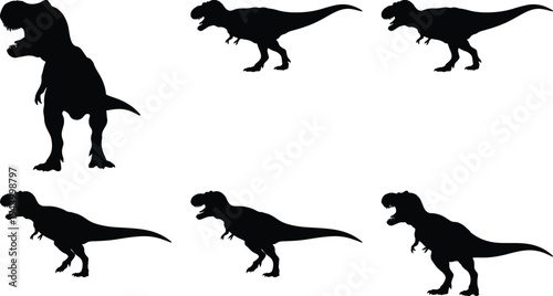 Compilation of six black silhouette illustrations featuring a Tyrannosaurus Rex dinosaur in diverse dynamic poses against a white canvas.