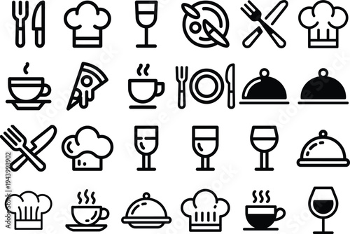 Food and drink icons, chef hat, wine glass and pizza symbols, food icon, restaurant, cafe