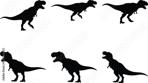 Set of six black silhouette Tyrannosaurus Rex dinosaurs captured in diverse dynamic poses, highlighting their imposing presence and historical significance.