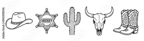 Five black and white wild west icons featuring a cowboy hat, sheriff star, saguaro cactus, longhorn skull, and boots, illustrated in a clean, graphic line art vector style