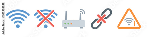 Set of colorful flat vector icons showing internet connectivity status including a wifi signal, router, broken link, and network error warning sign for user interface design