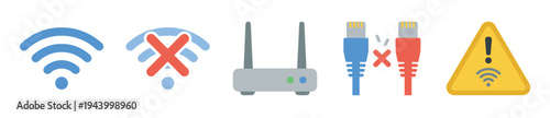 Set of internet connection status icons including a router, wifi signal, disconnected ethernet cable, and network error warning signs in a flat vector style