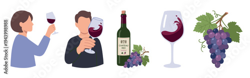 Collection of flat vector illustrations showing people tasting red wine, a bottle, a splashing glass, and a bunch of grapes, representing a winery or sommelier theme