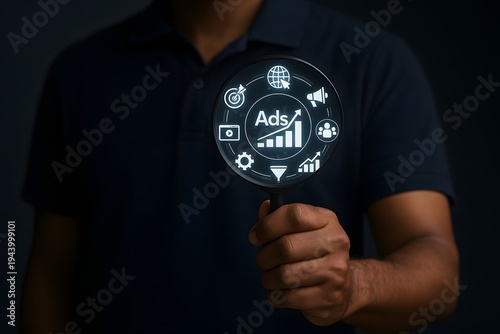 Person holds a magnifying glass over a glowing 