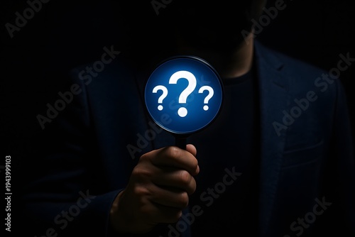 Person holds a magnifying glass that clearly reveals a bright blue question mark symbol '???', suggesting investigation and the search for answers in a dark setting.