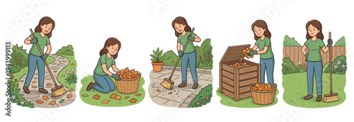 Cartoon illustration sequence of a woman doing yard chores, sweeping fallen autumn leaves from a path, collecting them in a basket, and composting the organic waste in a bin