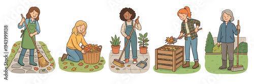 Collection of diverse women illustrations doing autumn yard work, sweeping and collecting fallen leaves, and composting in a friendly hand-drawn cartoon style