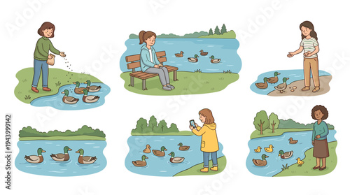 Set of six hand-drawn illustrations showing diverse women enjoying a peaceful day at a park, feeding and watching ducks swim in a pond with their cute ducklings