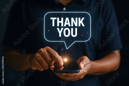 Person holds a smartphone, tapping its screen where a glowing digital speech bubble displaying 