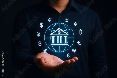 Person holds out their hand, displaying a glowing central bank icon within a globe, surrounded by various international currency symbols.