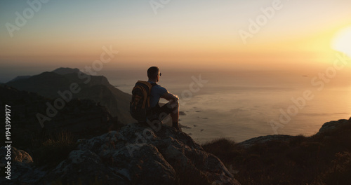 Billede på lærred Hiking, travel and thinking with man on mountain for reflection, explore and backpacking vacation
