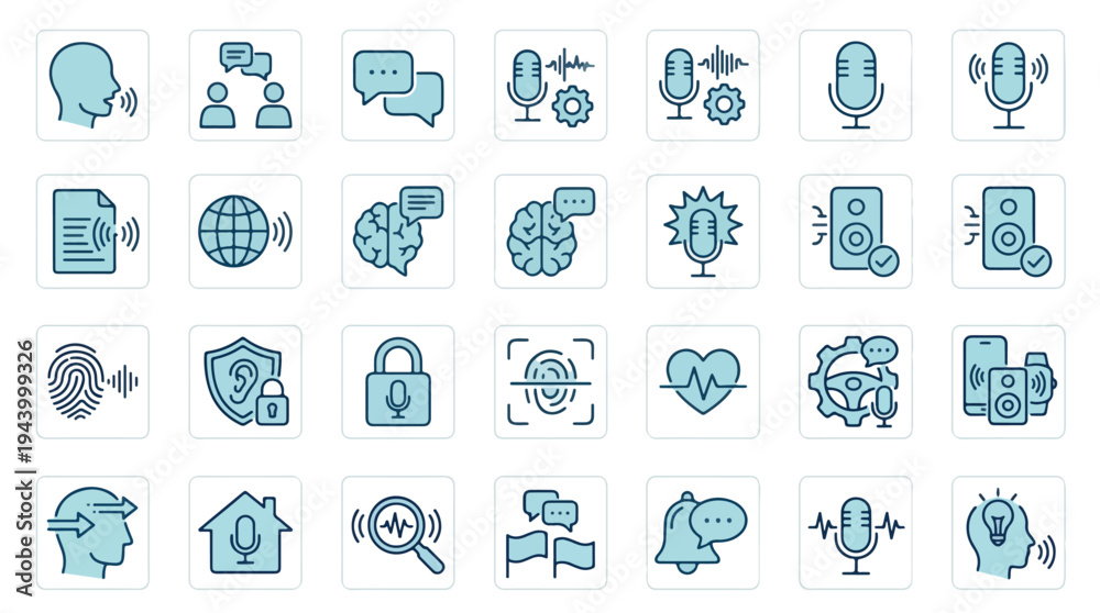 Obraz premium Voice Recognition and Audio Technology Icon Set for Speech-to-Text, Biometric Security, Sound Processing, AI Communication, Smart Home Controls, and Digital Assistant Interface