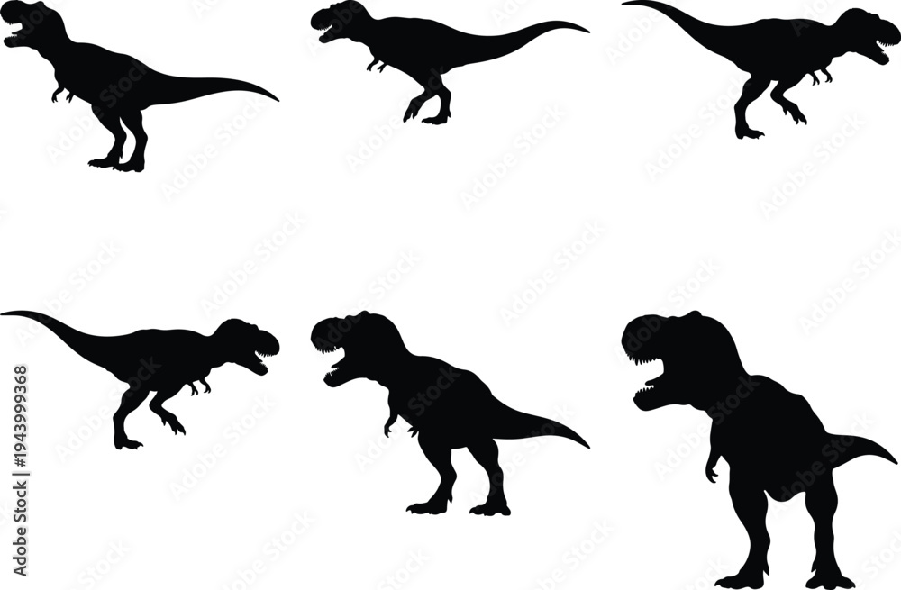 Naklejka premium Collection of six black silhouette illustrations of Tyrannosaurus Rex dinosaurs in various dynamic poses against a clean white background.