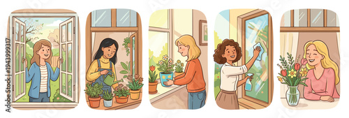 Set of five illustrations showing women doing spring cleaning, watering houseplants, washing windows, and arranging a beautiful bouquet of fresh flowers in a cozy home setting
