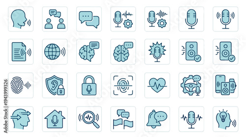 Voice Recognition and Audio Technology Icon Set for Speech-to-Text, Biometric Security, Sound Processing, AI Communication, Smart Home Controls, and Digital Assistant Interface