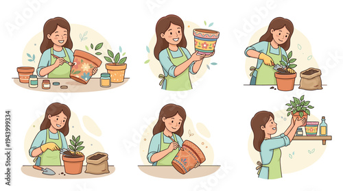 Set of six illustrations showing a woman enjoying her gardening hobby, painting terracotta flowerpots with colorful patterns and planting a green houseplant into the soil