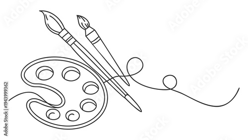 Artistic tools of a painter, a palette and brushes, elegantly drawn with a single continuous line.