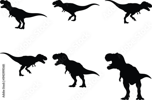 Collection of six black silhouette illustrations of Tyrannosaurus Rex dinosaurs in various dynamic poses against a clean white background.
