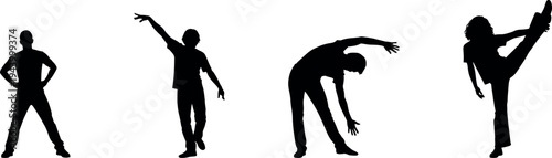 Four black silhouettes of dancers in various poses on a white background