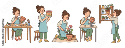 Set of illustrations showing a woman painting terracotta flower pots, planting flowers, and arranging houseplants on a shelf in a cute, hand-drawn cartoon art style