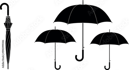 Black and white illustration of various umbrellas on a white background