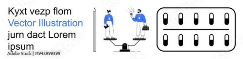 Business strategy, equality, balance, teamwork, decision-making, comparison. Two figures balancing on scales, a pen and chart elements. Business strategy and equality concept