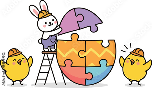 A white rabbit in a hard hat places a puzzle piece with two yellow chicks wearing hard hats on either side.