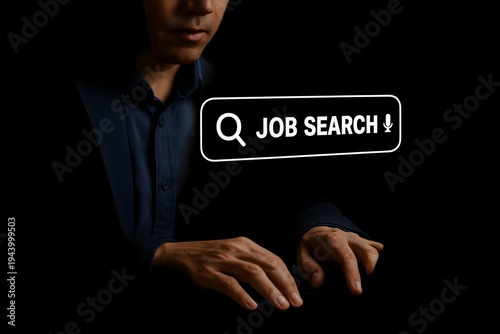 Person sits in a dark environment with a glowing digital search bar displaying 