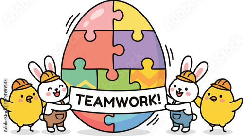 Cartoon illustration of teamwork concept with rabbits and chicks holding a giant puzzle egg
