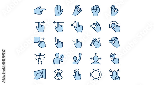 Set of 25 Hand Gestures and Touch Screen Interaction Icons for UX/UI Design, Motion Control, and Virtual Reality Interface Navigation