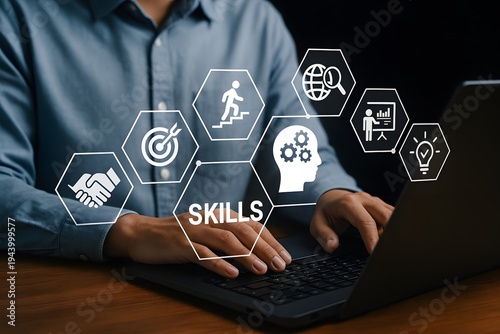 Person typing on a laptop with a central 'skills' hexagon, surrounded by icons such as goal, handshake, search, and a head with gears, illustrating professional development and talent acquisition.