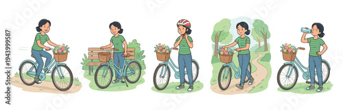 Illustrated sequence of a woman's bicycle ride showing her cycling, putting on a helmet, walking in a park, and drinking water in a charming hand-drawn comic strip style