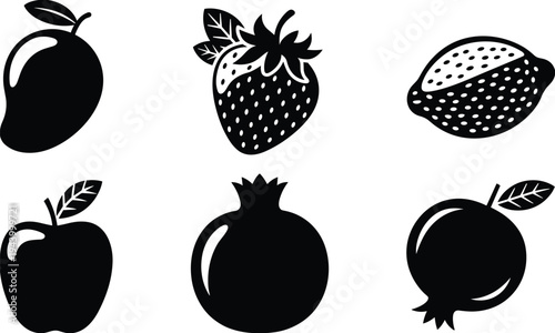 Six black fruit icons including mango strawberry lemon apple pomegranate and apple
